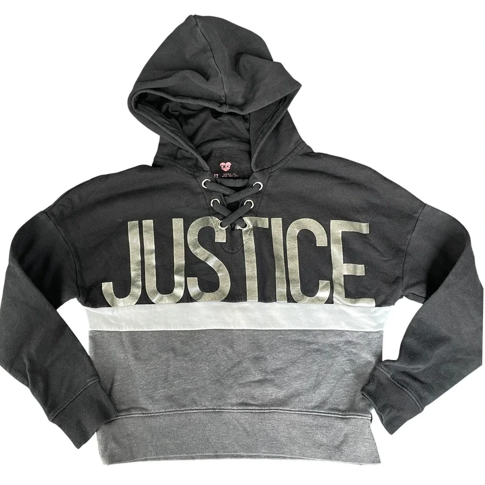 Justice Cropped Hoodie Sweatshirt Girls 12 Black Gray 90s Y2K Casual Athleisure